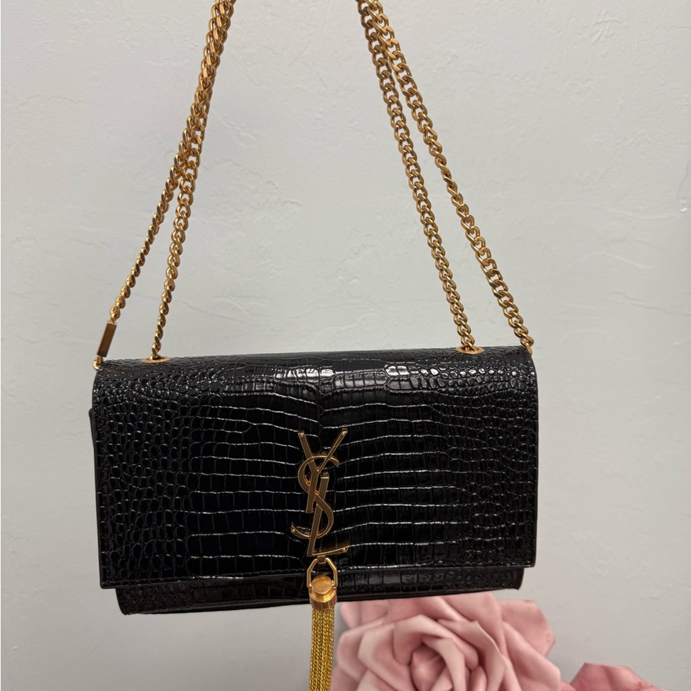 Yves Saint Laurent Black and Gold Croc-Embossed Clutch
